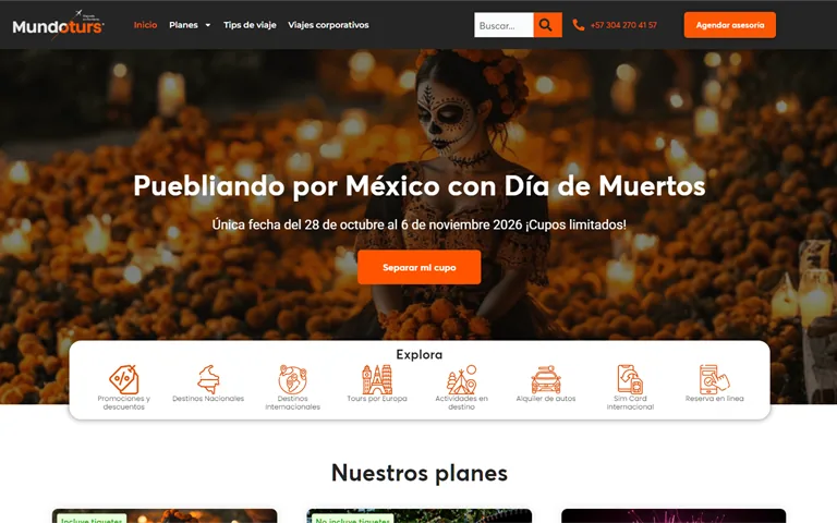 Sitio web de la agencia de turismo Mundoturs, administrado y optimizado por Macgráficas