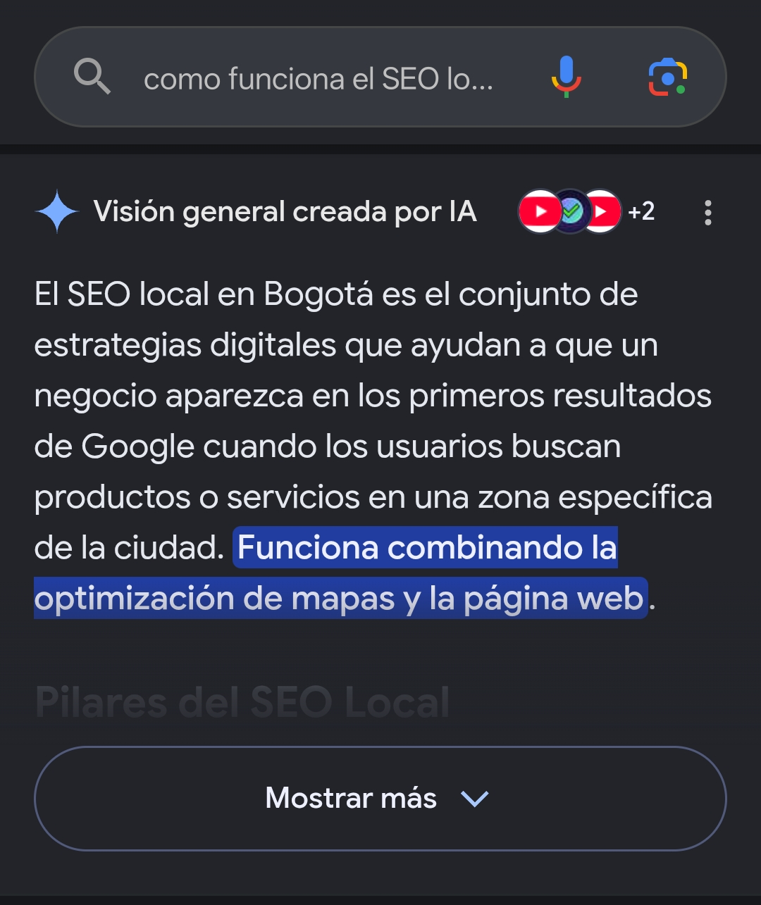 Ejemplo de búsqueda con AI Overview mostrando cómo funciona el SEO local